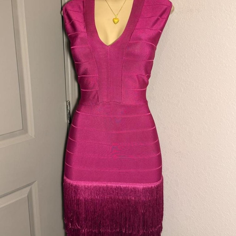 Venus pink bandage dress with layered fringe